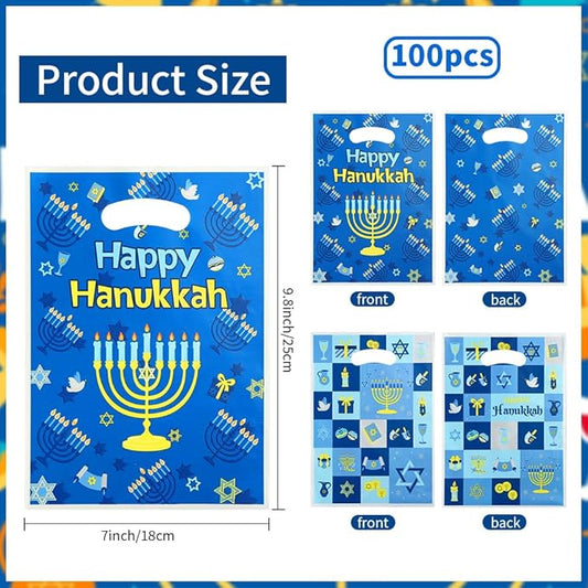 vueuKiGE Hanukkah Gift Bags, 100 PCS Hanukkah Treat Bags with Handles, 7x9.8 Inch Plastic Chanukah Gift Goodie Candy Cookie Bag Jewish Themed Party Favor Bag for Hanukkahs Party Decorations Supplies
