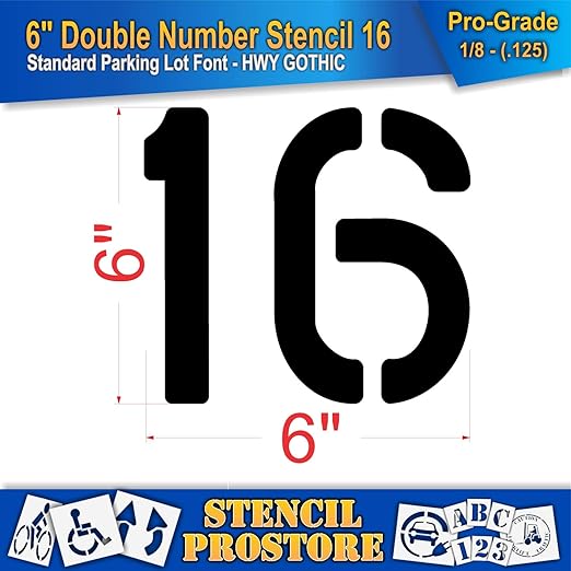 Pavement, Curb, and WheelStop Stencils - 6 inch Double Number Stencil - (16) - 6" x 6" x 1/8" (128 mil) - Pro-Grade