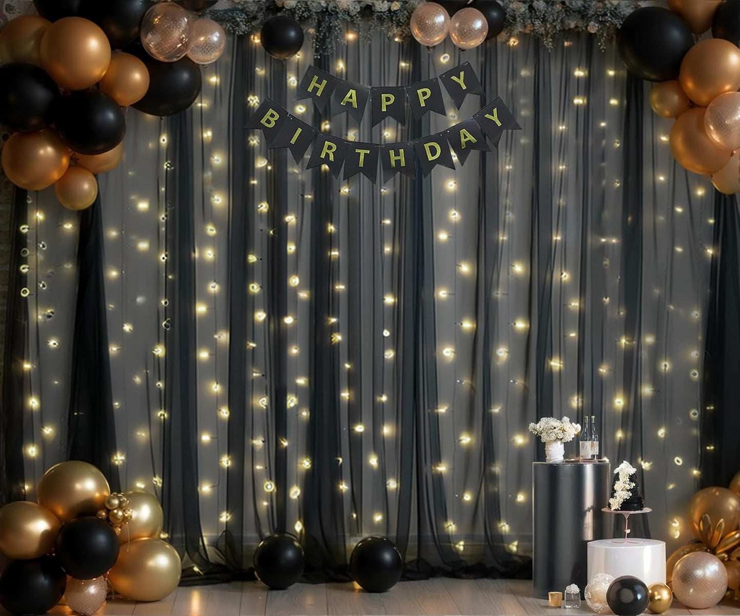 Black Tulle Backdrop Curtain with Lights String for Parites 20ft×8ft Black Sheer Backdrop Curtains for Baby Shower Wedding Bridal Shower Birthday Party Photo Shoot Decorations(4 Panels 5×8ft)