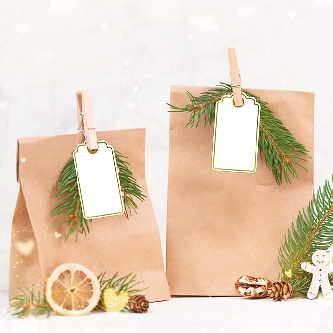 Anwyll Gift Tags with String - 100Pcs Gold Foil Metallic Gift Bag Tags Personalized White Blank Hanging Paper Label Tag for Baby Shower Birthday Party Wedding Christmas Favor Present