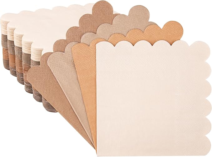 100 Pcs Light Brown Scalloped Napkins Gradient Color Cocktail Napkin Folded 5 x 5 Beverage Napkins Disposable Paper Napkins for Birthday Party Supplies