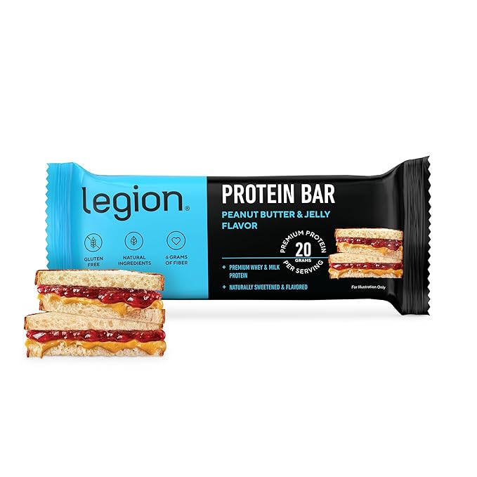 Legion Protein Bar Peanut Butter Jelly - 100% Whey Protein, Soy Free Protein Bars with Prebiotic Fiber - Low Fat Healthy Protein Bar - Gluten Free, Naturally Flavored, Low Sugar Protein Bars (12 Count)