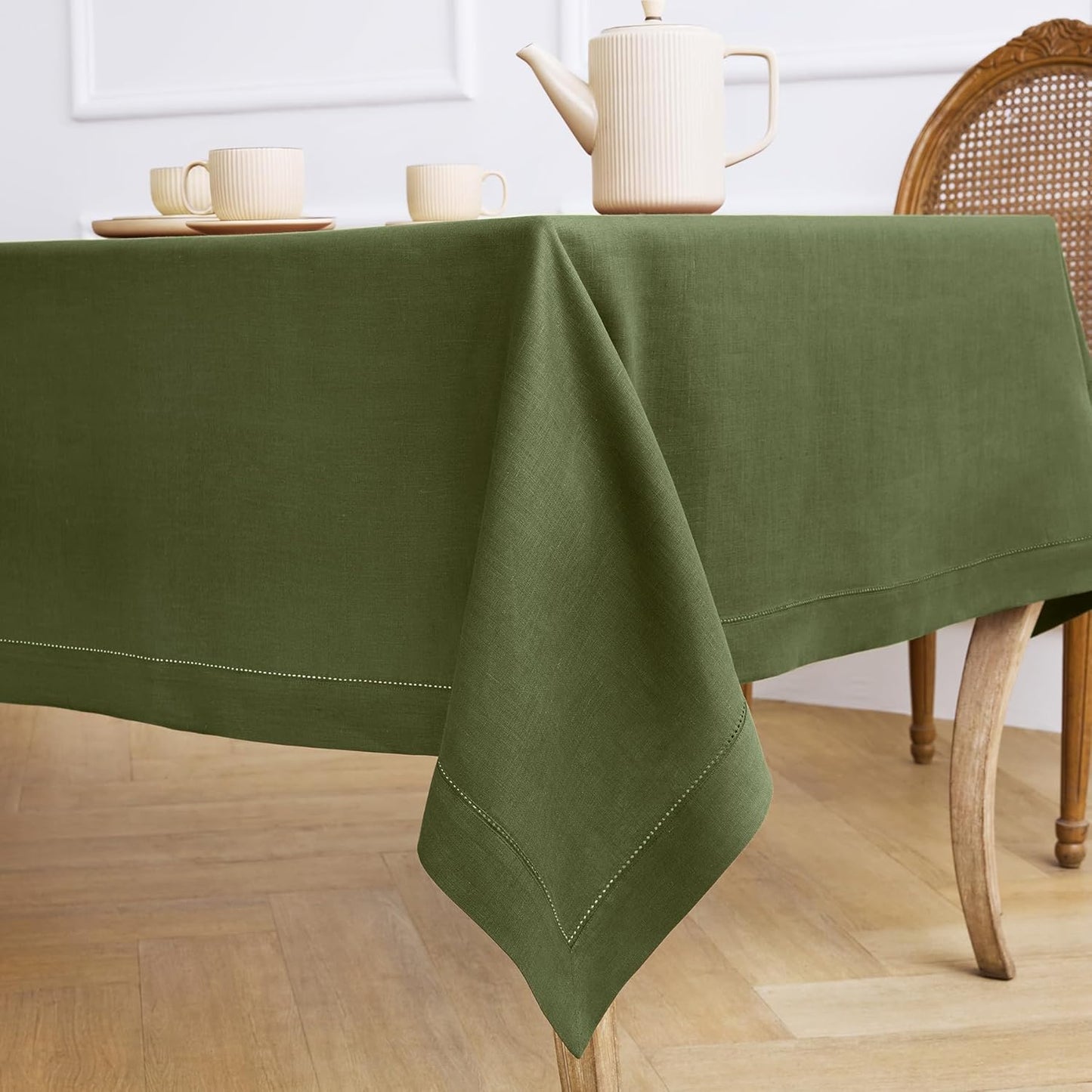Solino Home Olive Linen Tablecloth 60 x 90 Inch - 100% Pure Linen Hemstitch Table Cloth for Rectangle Tables - Classic Hemstitch, Machine Washable Tablecloth for Fall, Autumn, Thanksgiving