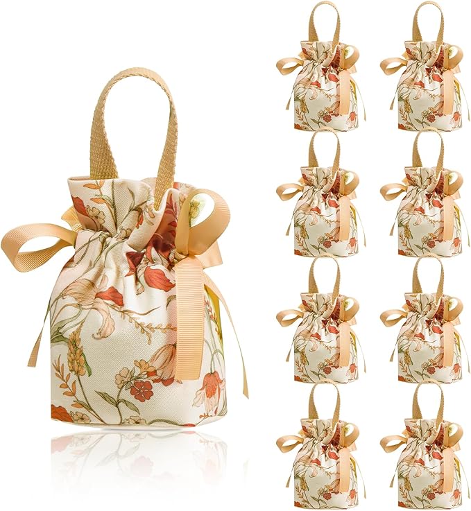 Liobelon 8 Pieces Floral Mini Gift Bags with Handles 14x9.5x6cm/5.5x3.7x2.3inch Canvas Small Candy Bag Tea Party Favor Bags for Party, Wedding, Bridal Shower, Valentine's Day, Mother's Day (champagne)
