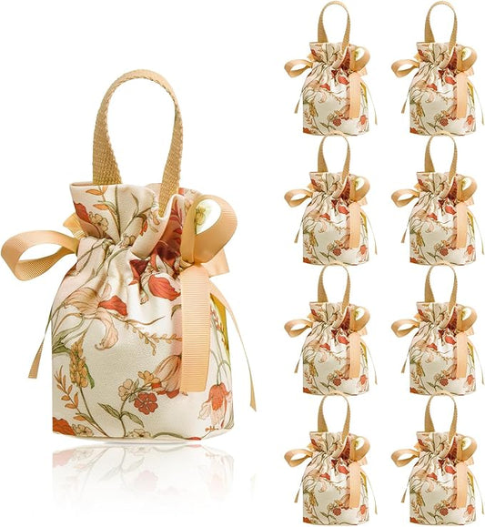 Liobelon 8 Pieces Floral Mini Gift Bags with Handles 14x9.5x6cm/5.5x3.7x2.3inch Canvas Small Candy Bag Tea Party Favor Bags for Party, Wedding, Bridal Shower, Valentine's Day, Mother's Day (champagne)