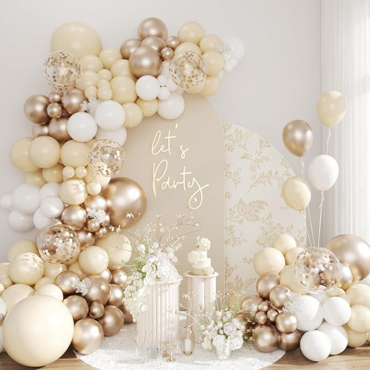 Champagne Gold and White Balloon Arch Kit, 134pcs Metallic Gold Confetti Balloons Garland Kits for Birthday Wedding Baby Shower Bridal Party Anniversary Decorations