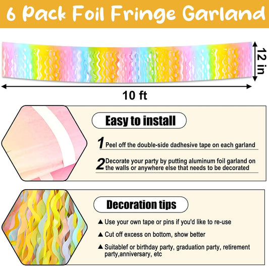 6 Pack 10 Feet Light Rainbow Wave Foil Fringe Garland Metallic Tinsel Streamers Banner Wall Hanging Curtain Backdrop for Parade Floats, Mother's Day, Easter, Wedding, Birthday Party Decoration
