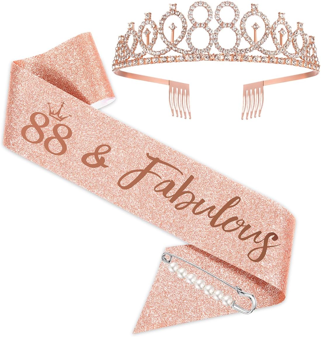 BRT Bearingshui 88th Birthday Tiara and Sash for Woman, Rose Gold Crown for Fabulous 88th Birthday Party Favor Supplies