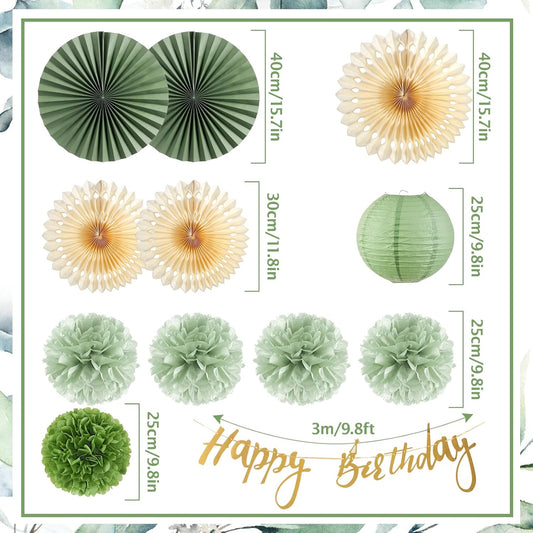 SUNBEAUTY Sage Green and Cream Tissue Pom Poms Paper Lanterns Party Decorations for Girls Women with Happy Birthday Banner Sage Green Paper Fans Tissue Pom Poms Lantern Birthday Decorations Kit