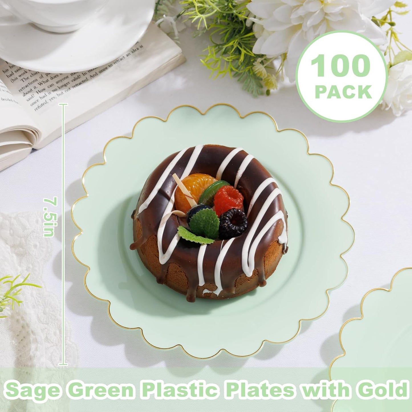 LIYH 100 Pcs Sage Green Plates Scalloped Plastic Dessert Plate Gold Rim - 7.5 Inch Heavy-Duty Leak Proof Appetizer Plastic Plates for Birthday Wedding Holiday Party Self-Service Table Decor