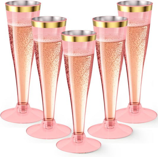 40 Pack Pink Gold Rim Champagne Flutes Plastic Wine Glasses Disposable, 4.5 Oz Mimosa Glasses for 2025 Engagement Wedding Birthday New Years Eve Xmas Party Supplies, Bulk Toasting Cocktail Cups