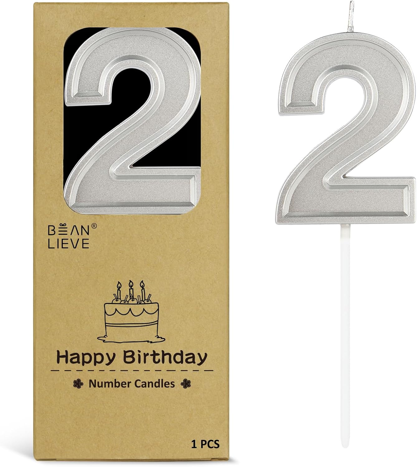 BEAN LIEVE Silver Birthday Candles Number 2, Silver Number Candles, Cake Number Candles for Birthday Parties and Wedding Anniversary Celebrations