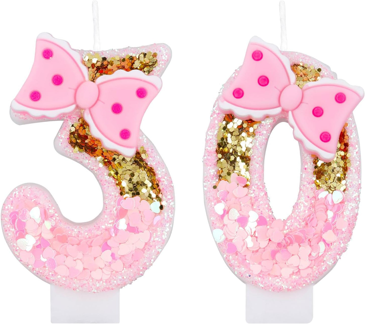 Girls Pink 30 Number Birthday Candles with Gold Glitter Bows, Perfect for Cake Decoration and Celebration