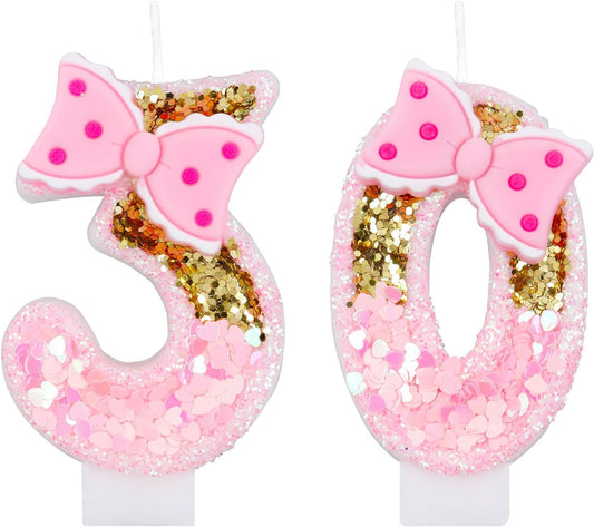 Girls Pink 30 Number Birthday Candles with Gold Glitter Bows, Perfect for Cake Decoration and Celebration