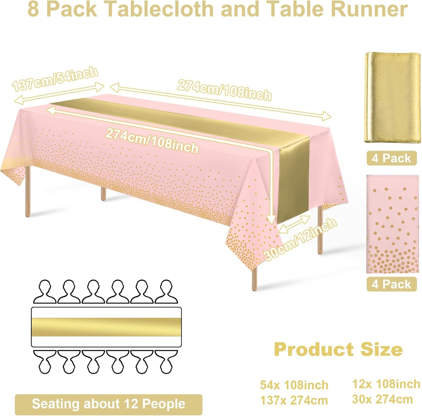 8Pack Disposable Plastic Tablecloths and Satin Table Runner Set Pink and Gold Dot Tablecloth Gold Satin Table Runner for Wedding Birthday Baby Shower Anniversary Christmas New Year Party Supplies