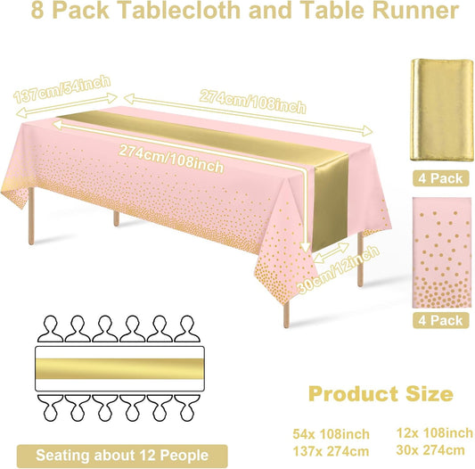 8Pack Disposable Plastic Tablecloths and Satin Table Runner Set Pink and Gold Dot Tablecloth Gold Satin Table Runner for Wedding Birthday Baby Shower Anniversary Christmas New Year Party Supplies