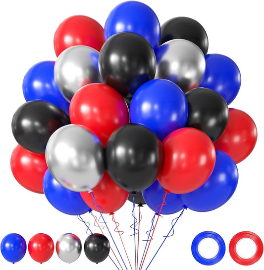 Black Red Blue Balloons, 50pcs 12 Inch Black Red Blue Silver Latex Balloons for Birthday Graduation Party Decorations