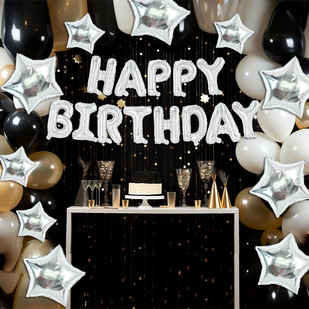 TONIFUL 35PCS Silver Happy Birthday Decorations 16 Inch Happy Birthday Balloon Banner with Star Balloons Mylar Foil Birthday Party Decorations Supplies for Men Women Adults Girls Boys Kids