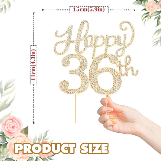 Happy 36th Birthday Decorations,36th Birthday Gold Rhinestone Cake Topper - Cheers to 36 Years Old Bday Party Metal Sparkly Cake Centerpieces Sign.