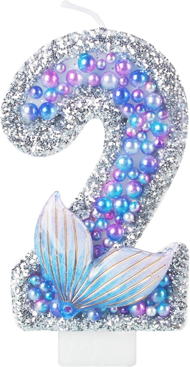 Girls Sparkler 2 Birthday Number Candles, Purple Pearls Mermaid Tail Number Birthday Candles for Girls 2 Birthday Cakes Mermaid Themed Birthday Decorations Party Favors Number 2 Candle Cake Topper