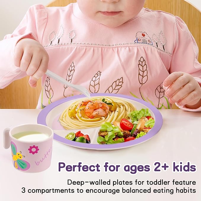 Kids Dinnerware Set, Includes Toddler Plate Bowl Tumbler and Utensils, BPA Free Bamboo Fiber Material Perfect for Little Girls (Purple - Butterfly Theme)