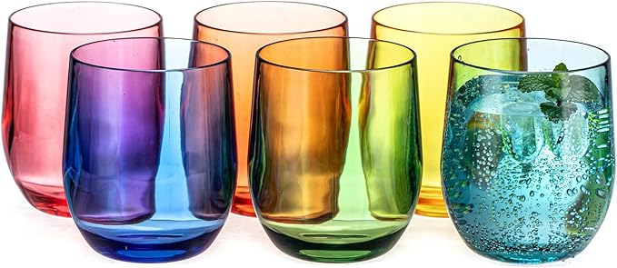 14oz Colorful Thick Stemless Wines Cups (Set of 6), Shatter-Proof Acrylic Old-fashioned Glasses, Reusable Plastic Bar Glasses, BPA-Free, Dishwasher-Safe