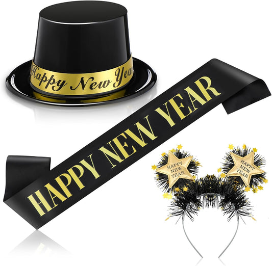 Coume 3 Pcs 2026 Happy New Year's Eve Party Supplies Black Gold Hat New Year Headband with Star Boppers Sash Belt Decoration for Party Gift Accessories