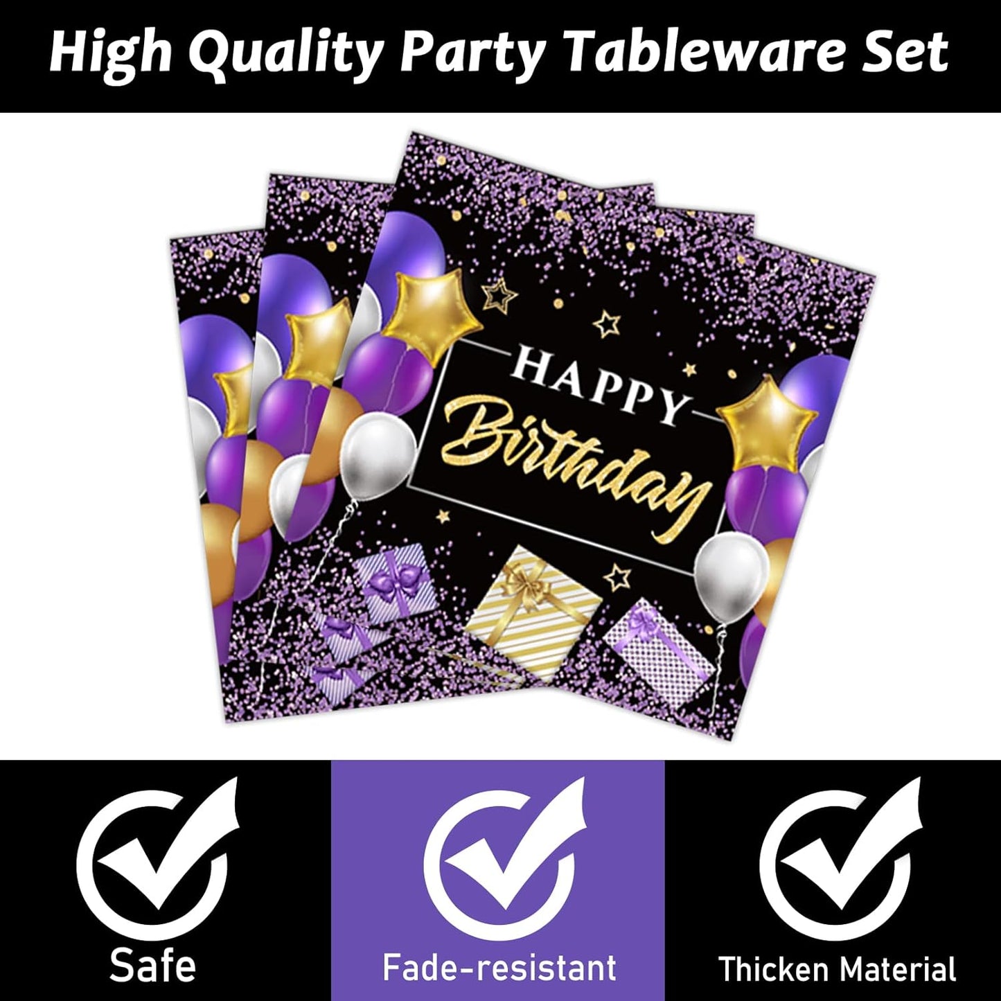 gisgfim 50 Guests Purple Birthday Plates and Napkins Purple and Black Happy Birthday Party Supplies Tableware Set Table Decorations for Women Girl Birthday Decoration Paper Plates Napkins Forks 200PCS