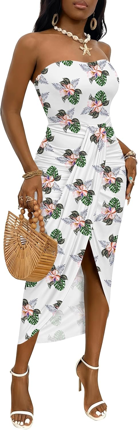 Umenlele Women's Strapless Ruched High Waist Wrap Split Asymmetrical Beach Maxi Long Dress