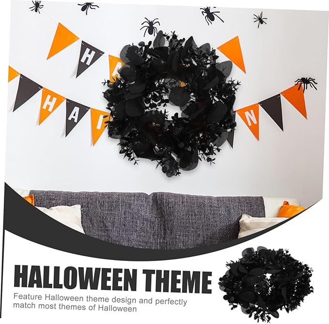 STOBAZA Halloween Eucalyptus Leaf Wreath Black Artificial Decorations Front Door Hanging Garland Eucalyptus Leaves Garland Halloween Theme Decor