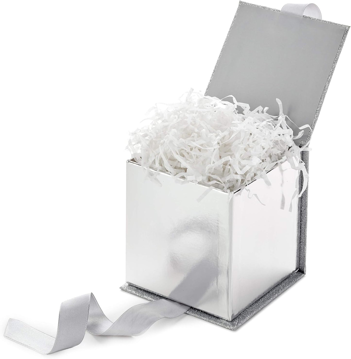 Hallmark Small Gift Box with Bow and Shredded Paper Fill (Silver Signature 4 inch Gift Box with Glitter) for Weddings, Graduations, Bridal Showers, Anniversaries, All Occasion