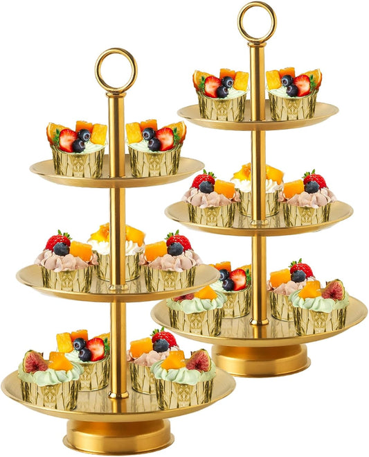 3 Tier Gold Metal Cupcake Stand Holder,Stainless Steel Cup Cake Stand Tower with Tiered Serving Tray and Base for Parties,Weddings,Birthdays and Any Festivals and Celebrations(2-Pack)