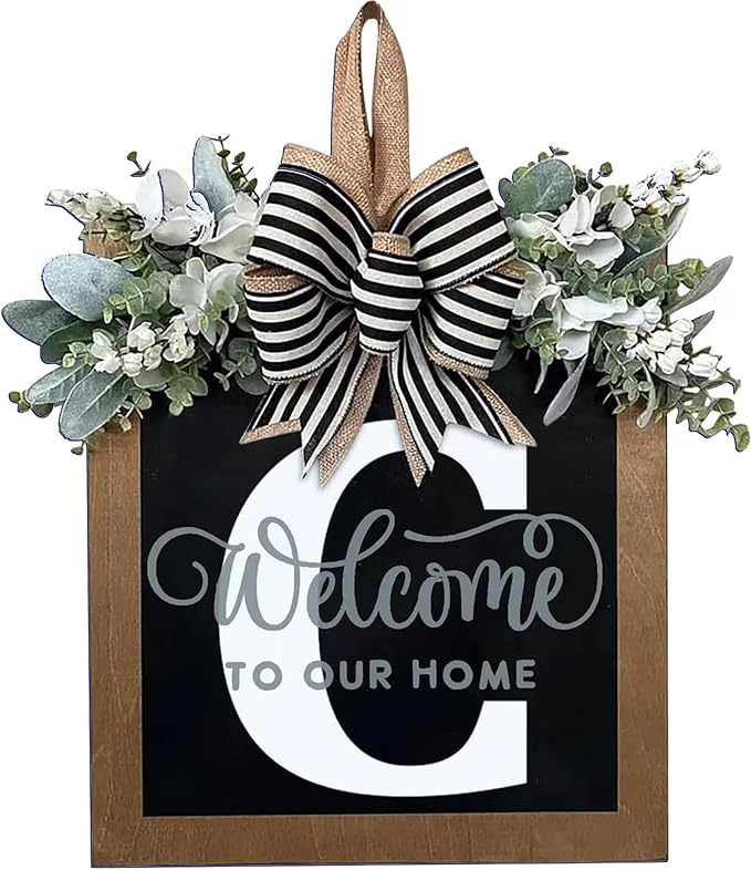 Last Name Year Round Front Door Wreath Front Porch Decoration 26 Letter Welcome Sign with Eucalyptus Garland and Bow Spring Wreaths for Front Door Outside Hanger Garland（C）