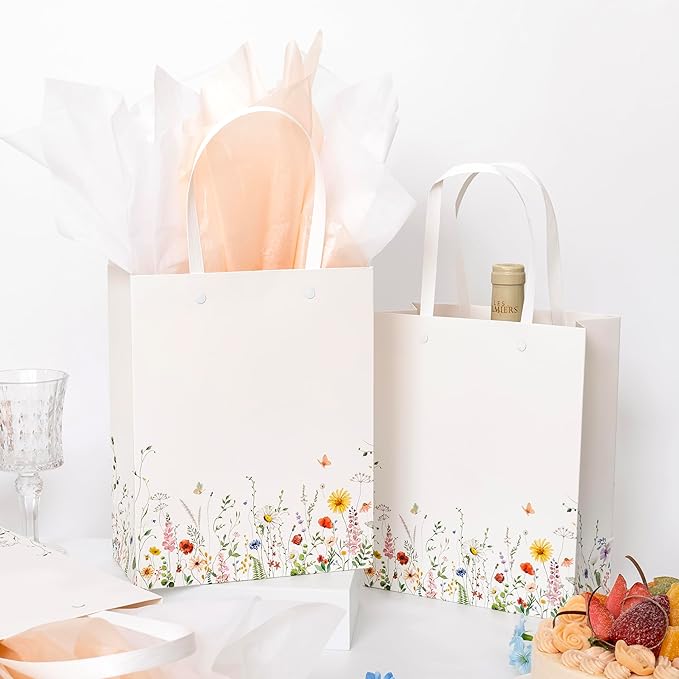 Crisky Paper Gift Bags with Handles, 25 Pack Wildflower Floral Gift Bags Medium Size for Wedding, Bridal Shower Gifts Bag, Baby Shower Party Favor, 10"x8"x4"