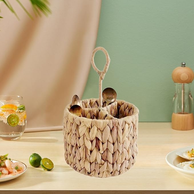 Wicker Flatware Organizer Kitchen Utensil Organizer Woven with Handle Cutlery Holder Divided Utensil Holder for Party Spoons
