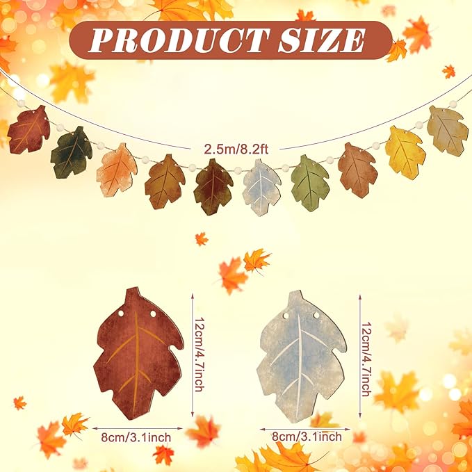 8.2 ft Fall Decorations Wooden Maple Leaf Garland Autumn Leaves Banner Multicolor Thanksgiving Banner Rustic Farmhouse Wood Bead Garland Hanging Decor for Fireplace Mantel Wall Home Window