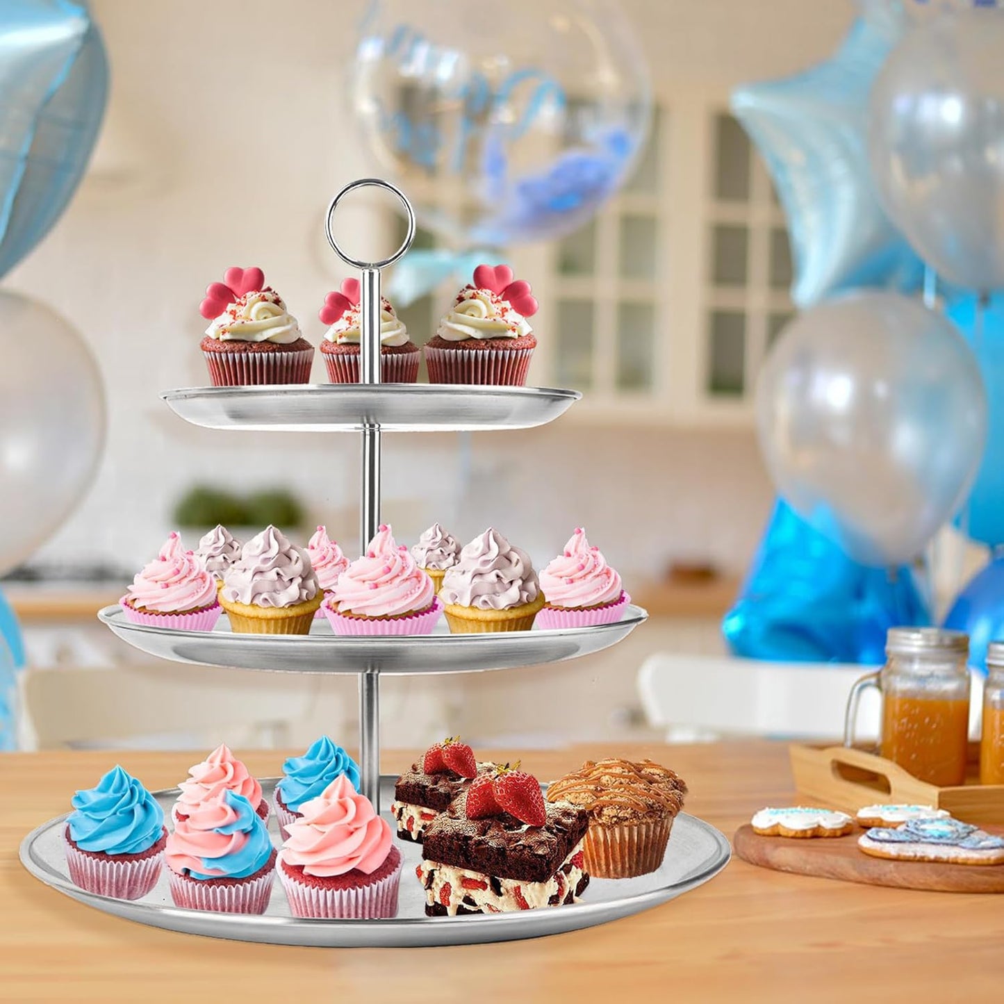 3 Tier Silver Cupcake Stand Stainless Steel Dessert Display Rack with Removable Tiered Tray for Parties,Weddings,Birthdays,Decorations,Any Festivals and Festivities(2 Pack)