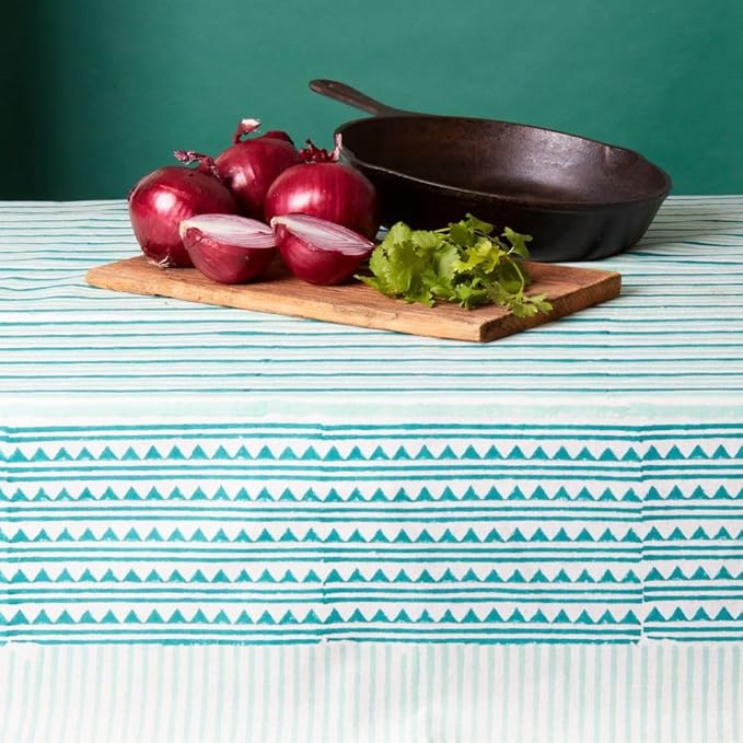 Block Print Cotton Dining Table Cloth, 90" x 60", Rectangle Tablecloth, Decorative Fabric Table Cover, Holidays, Thanksgiving, Christmas, Weddings, Housewarming Gift (White Teal Triangles)