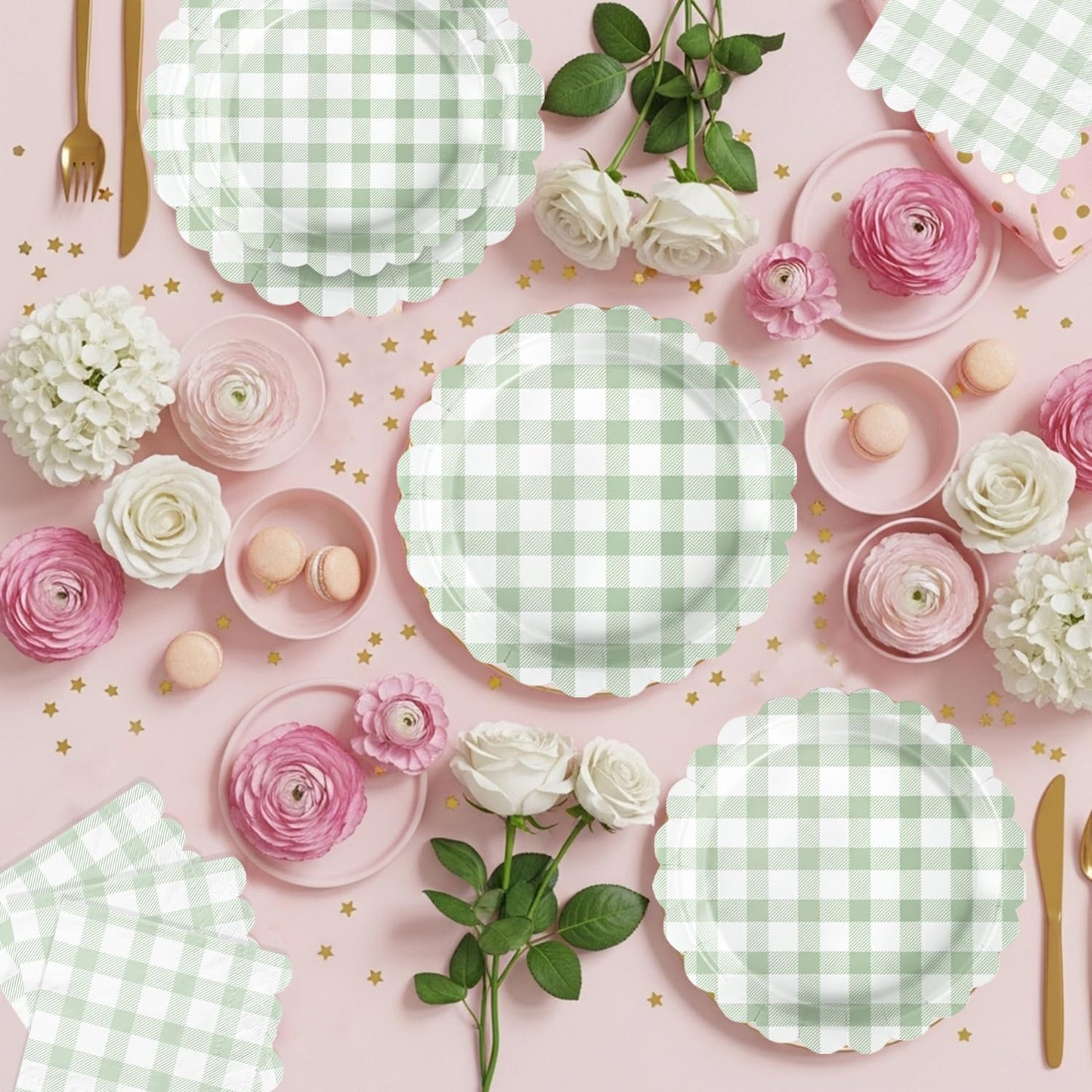 102 PCS Sage Green Gingham Party Supplies - Scalloped Plates, Napkins, Cups, Forks, Banner, Gingham Tablecloth for Baby Shower, Wedding, Birthday, Serves 25