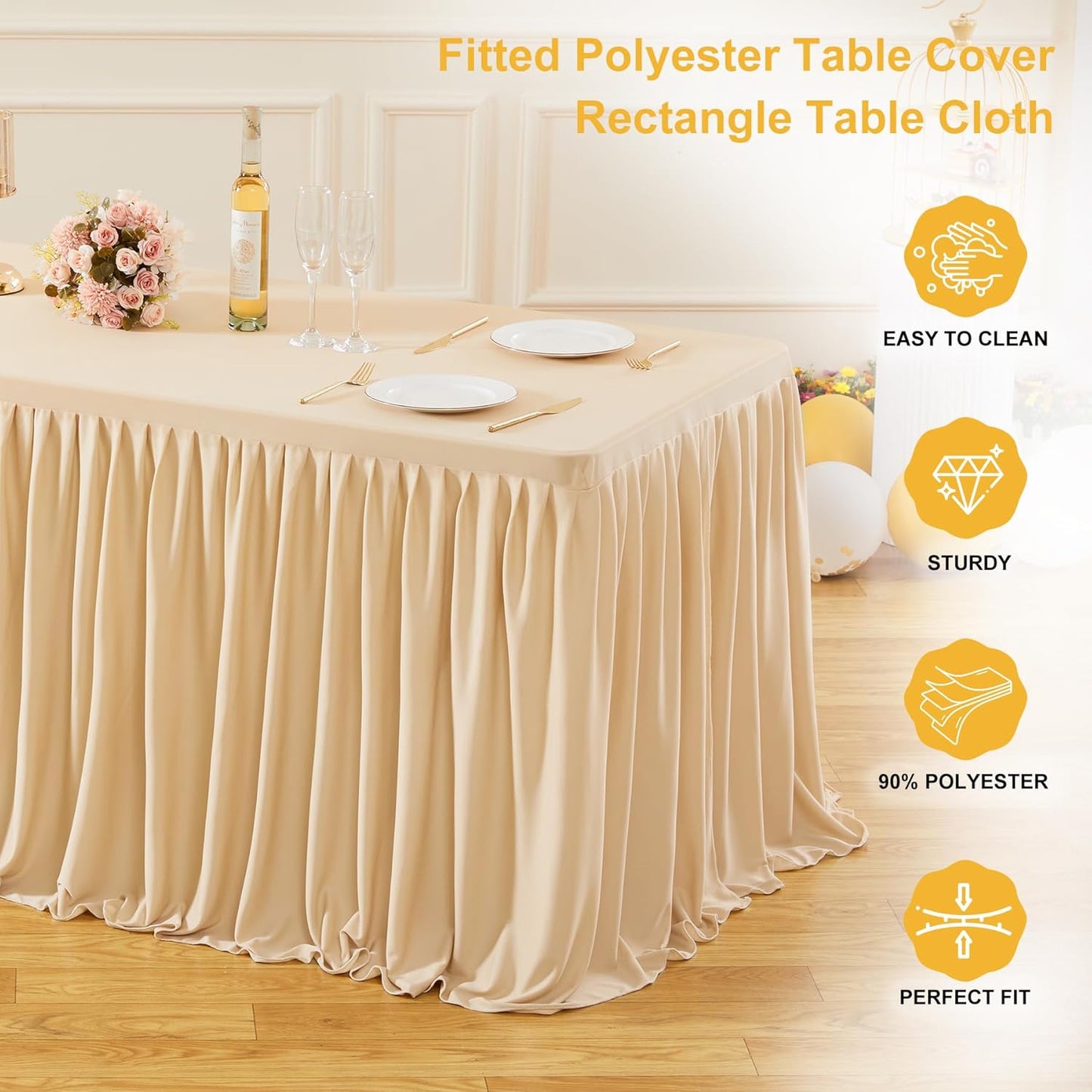 3 Pack Deep Champagne Polyester Table Clothes for 6 Foot Rectangle Tables, Wrinkle Free Fitted Table Cover with Pleated Ruffle Table Skirt for Party Baby Shower Wedding Birthday Event Display