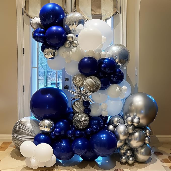 Blue White Silver Balloon 12 Inch Graduation Balloons Pearl Navy Royal Blue Metallic Chrome Silver White Latex Party Balloon for Grad Class of 2025 Decoration Anniversary Birthday