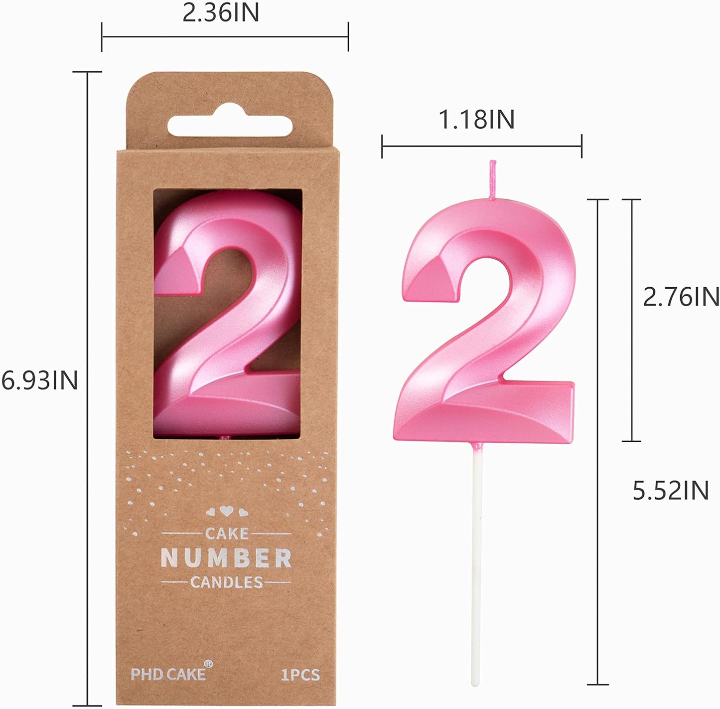 PHD CAKE 2.76 Inch Diamond Pink 2 Number Birthday Candles, Pink Number Candles, Cake Number Candles, Party Celebration