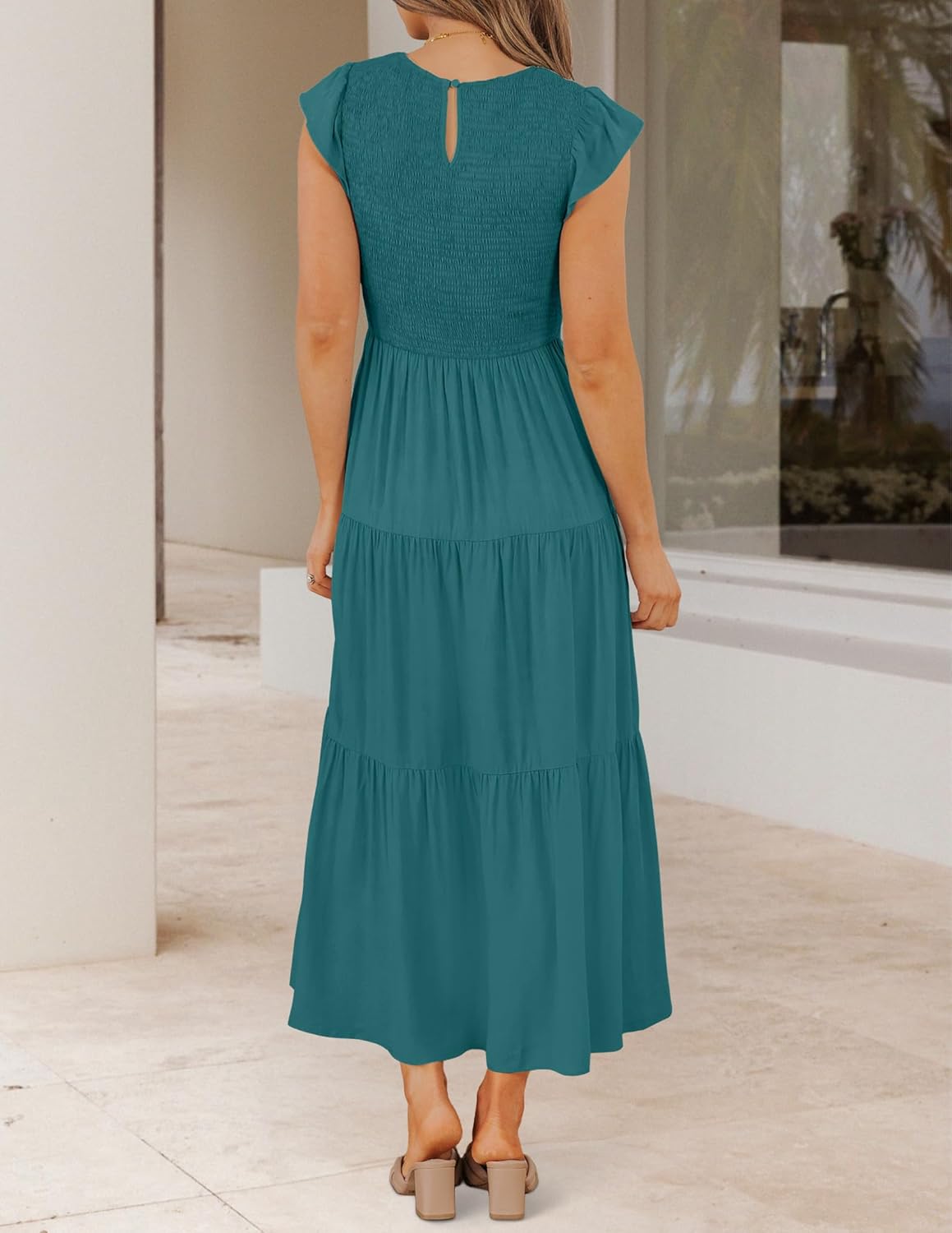 ZESICA Women's 2025 Summer Casual Flutter Short Sleeve Crew Neck Smocked Elastic Waist Tiered Midi Dress
