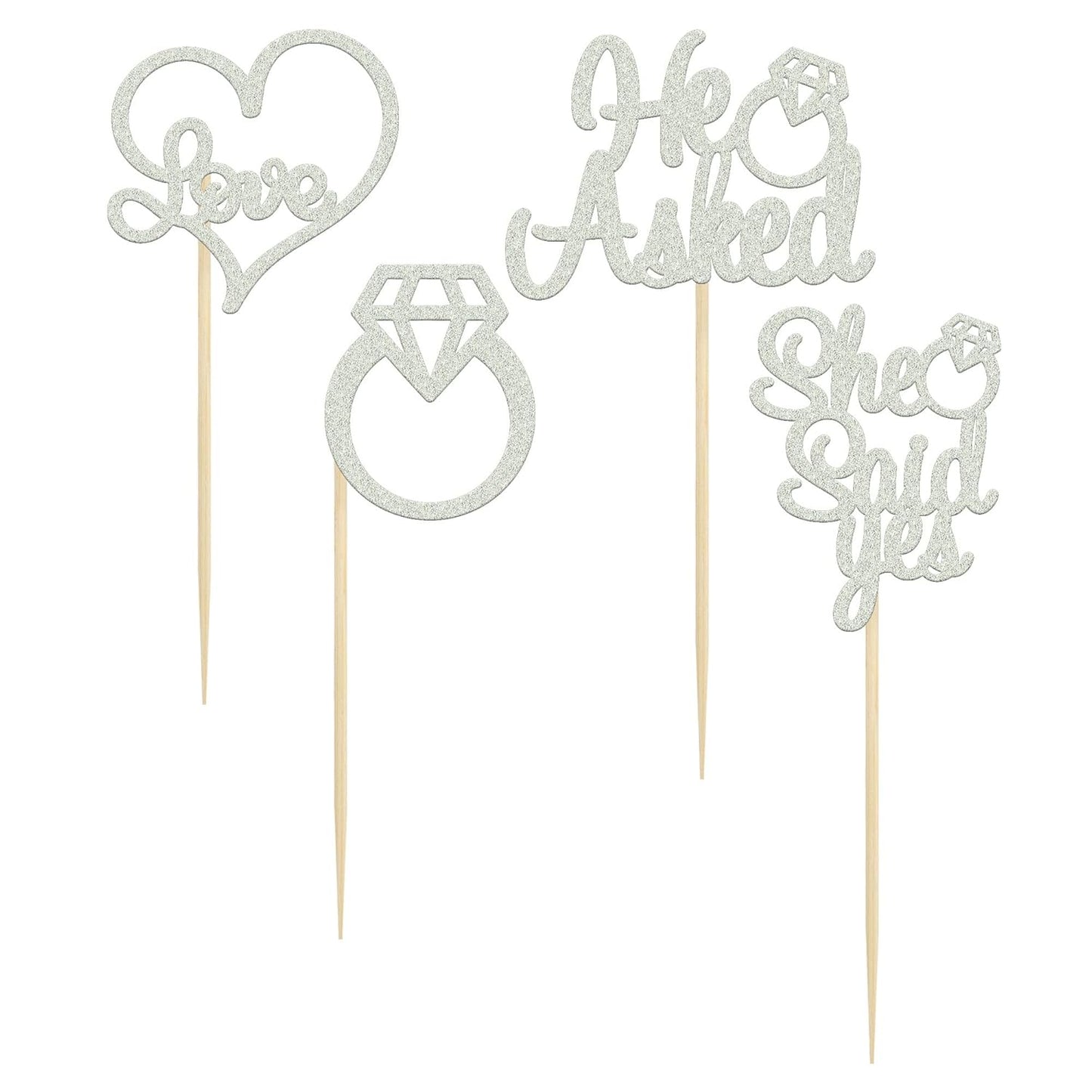 Gyufise 24 Pack Silver Glitter He Asked She Said Yes Cupcake Toppers Diamond Ring Heart Cake Picks for Wedding Engagement Party Cake Decorations