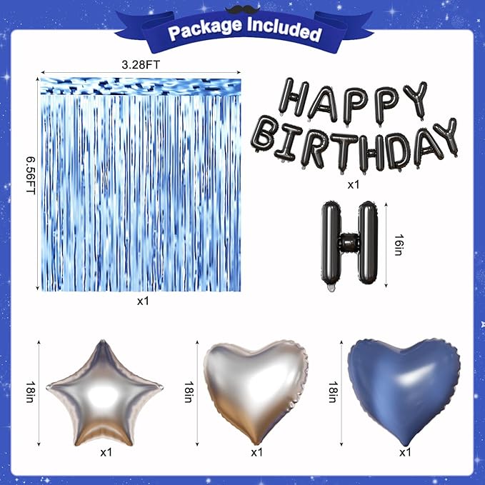 Navy Blue and Black Birthday Decorations for Men, Metallic Navy Blue Black Silver Foil Confetti Balloons Happy Birthday Banner Fringe Curtains Birthday Decorations for Boy Girls Women Men