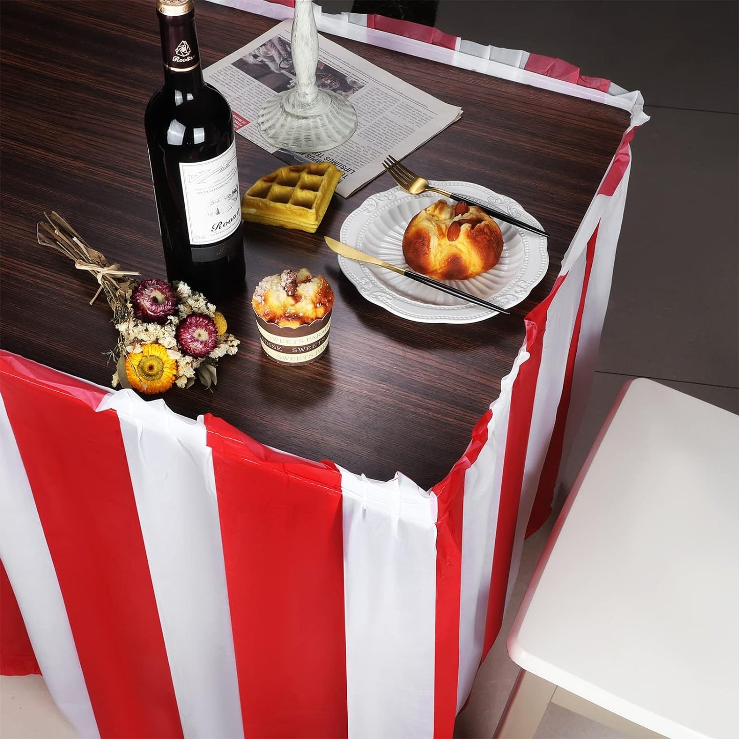 durony 4 Packs Red and White Striped Table Skirt Circus Theme Party Supplies Carnival Table Skirt for Carnival Home Party Decoration, 165 x 30 Inches