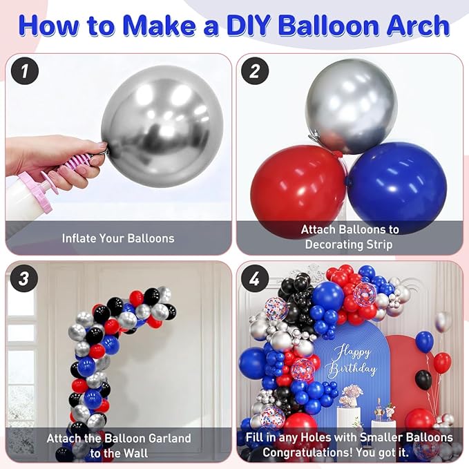 Red Black Blue Silver Balloons Garland Arch Kit, 167Pcs Latex Balloons Different Sizes 18 12 10 5 inch for Birthday Graduation Baby Shower Spider Theme Party Decorations
