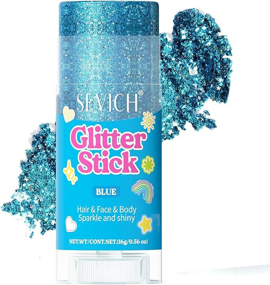 SEVICH Glitter Stick Blue for Face Body Hair,Skin Safe Waterproof Sparkle with No Glue Needed,Easy to Apply and Remove for Parties Festivals Makeup,15g