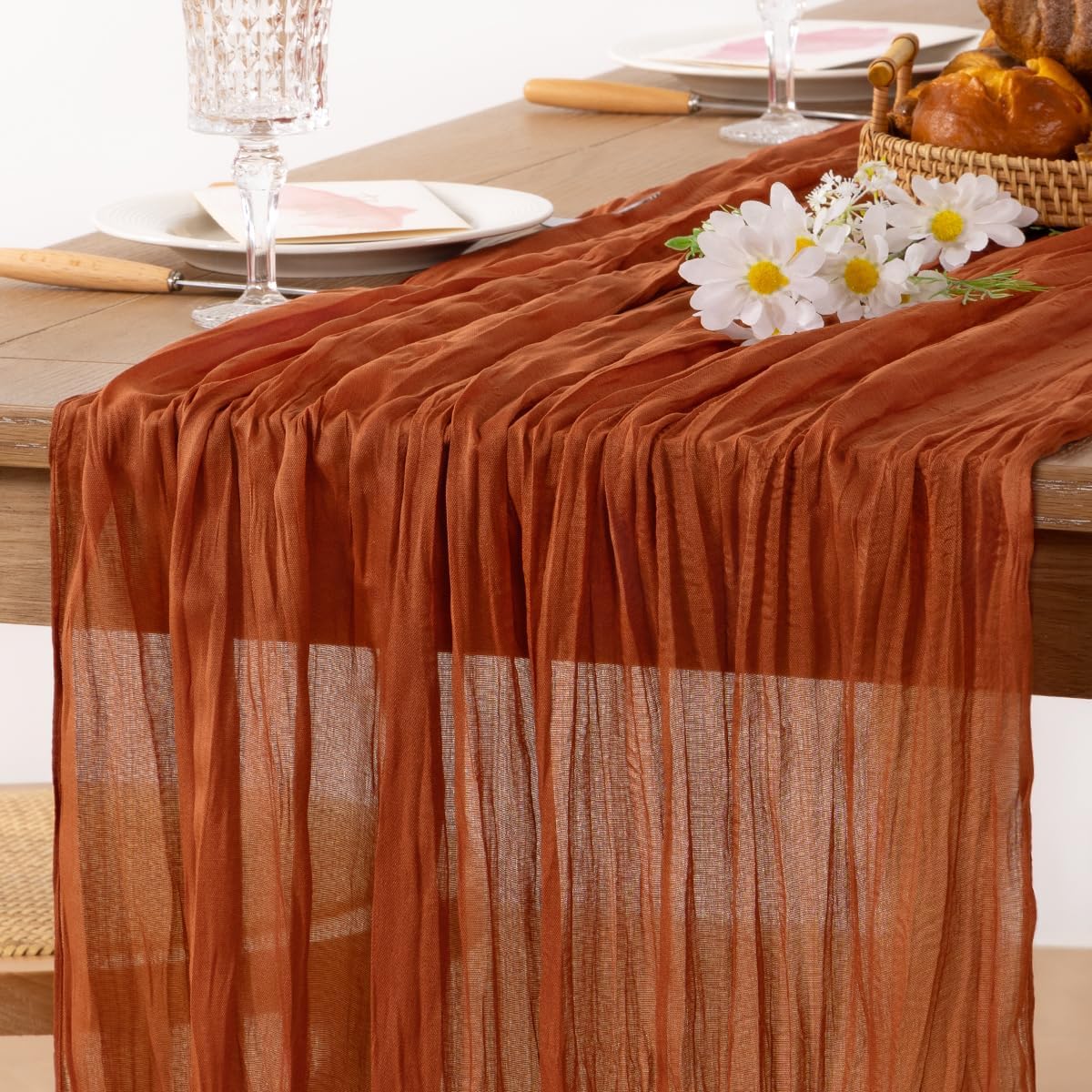 MLMC 8 Pack Terracotta Fall Thanksgiving Table Runner 10ft Rustic Burnt Orange Rust Gauze Cheesecloth Table Runner 120 inch for Wedding Bridal Shower Pinic Party Gathering Decor