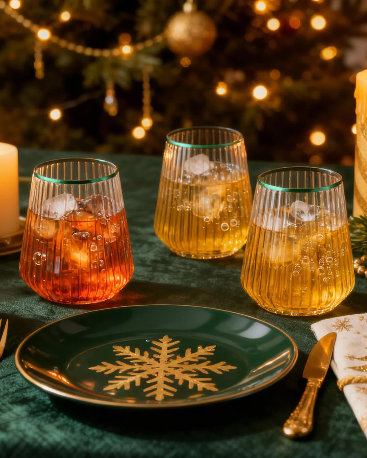 36 Pcs 12 oz Plastic Clear Green Rim Ribbed Wine Glasses, Disposable & Reusable Champagne Glasses Elegant Whiskey Glasses Ideal for Weddings, Bars, Christmas, Holidays, Pool Party, Daily Use